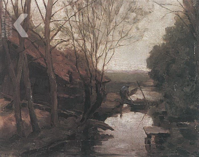 Fabbricato agricolo vicino alla roggia con contadino al lavoro c. 1895 - 1896